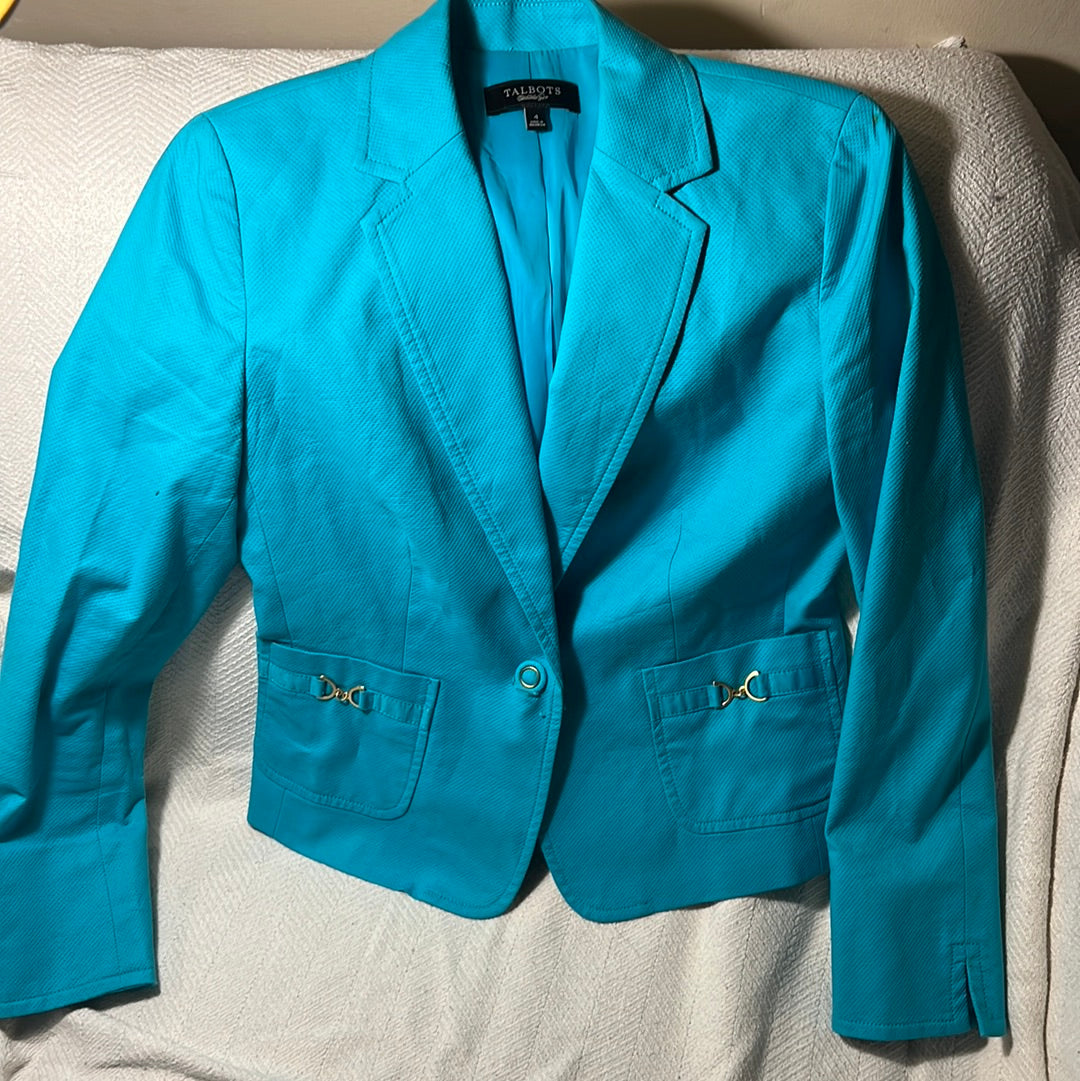 Talbots Women's Size 4 Petite Button Blazer Teal Jacket; Cotton