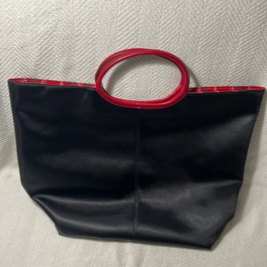 Black beach / tote bag (17"x11"x6"); Black with red striped lined interior