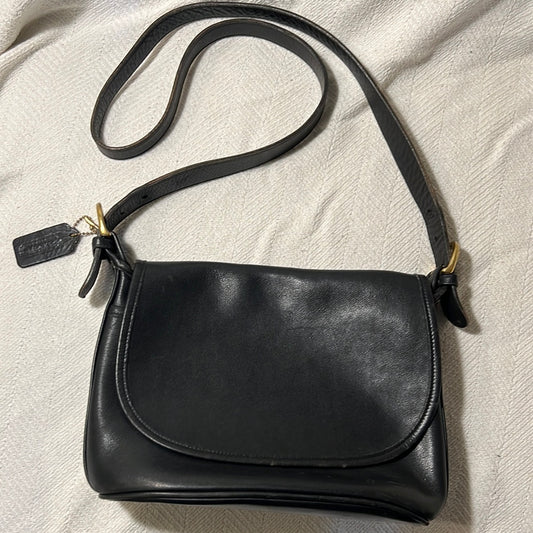 Vintage Coach Genuine Black Leather Cross-Body Bag, 11” X 8” X 4”