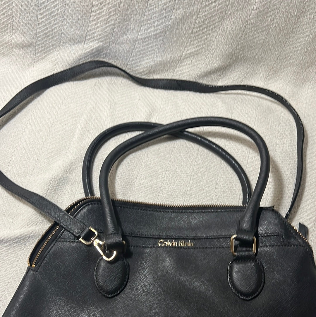 Calvin Klein Black Leather Tote Bag Full Zippered Purse