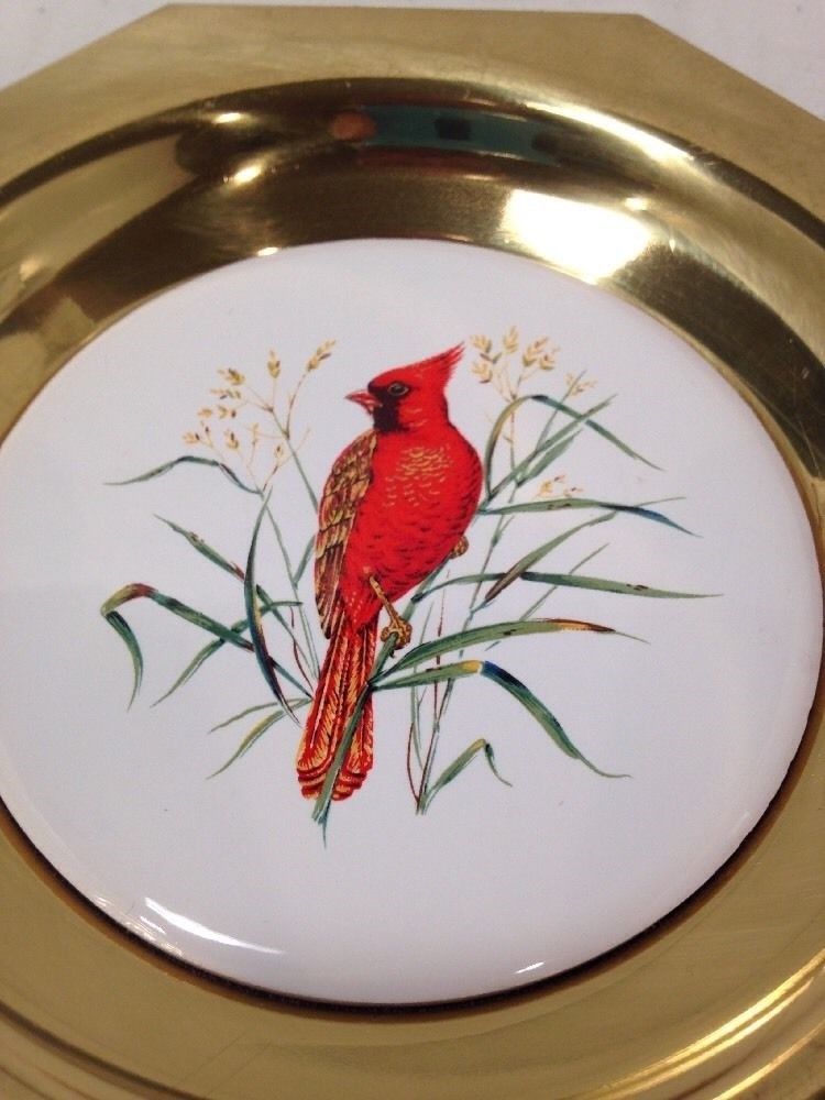 Vintage Glazed Ceramic And Solid Brass "One Red Cardinal" Coin Dish