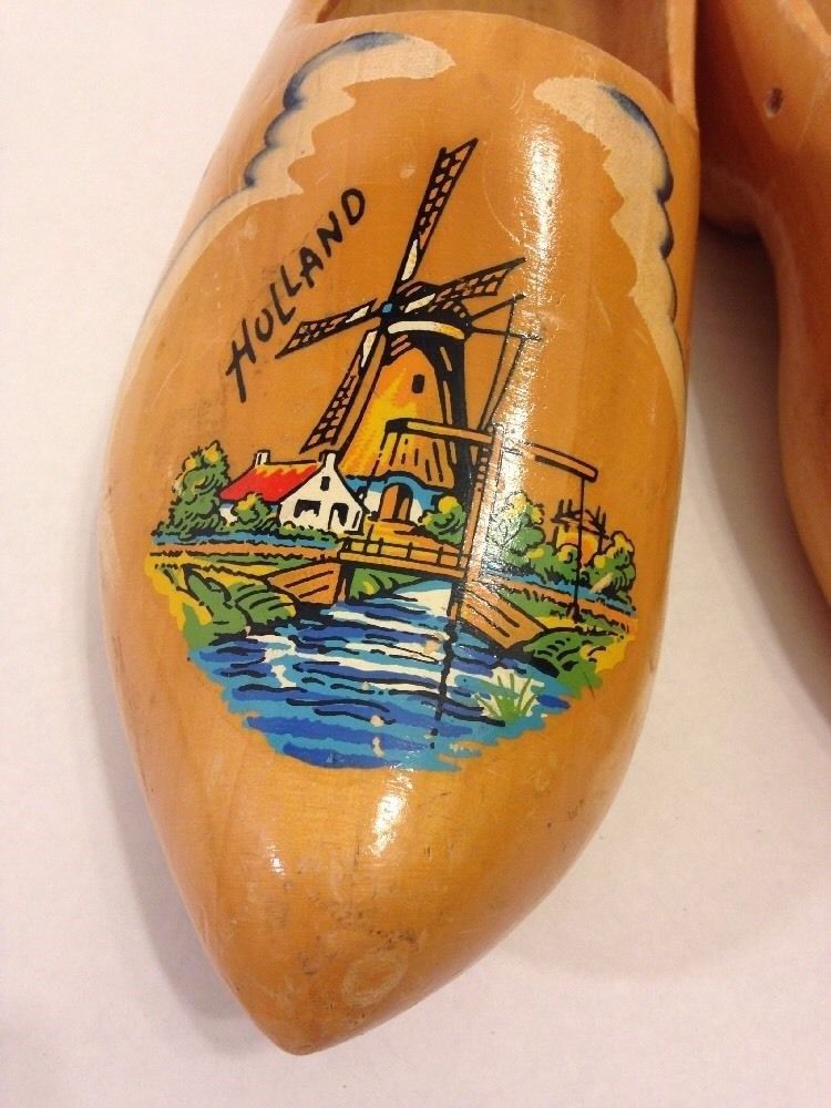 Vintage Wood Dutch Clogs, Traditional Shoes, Colorful Holland Windmills!