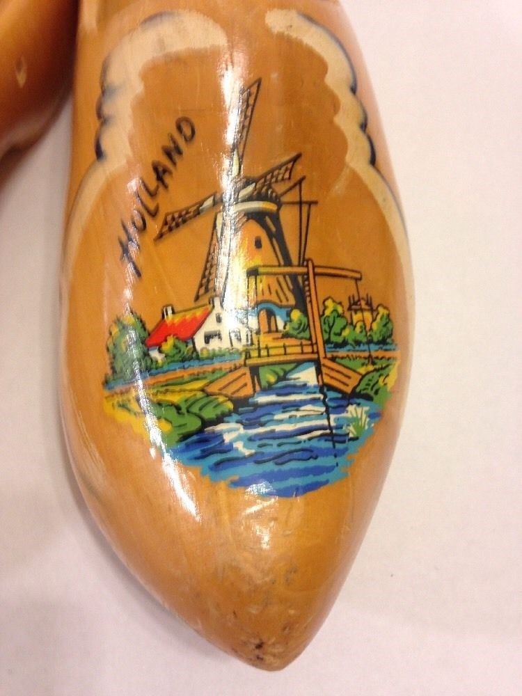 Vintage Wood Dutch Clogs, Traditional Shoes, Colorful Holland Windmills!