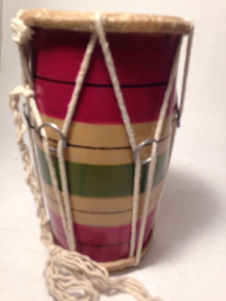 Vintage Handmade 2-Headed Island Drum  - Red Yellow Green - 7" x 4" - Nice!