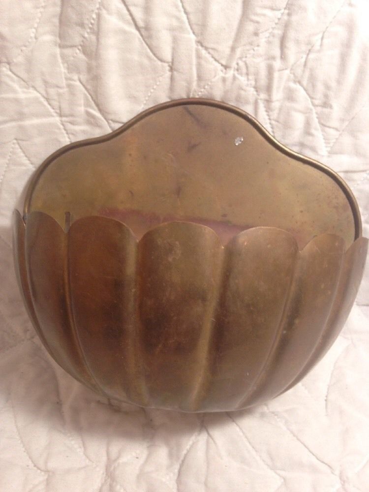 Vintage Antique Large Brass Hanging Planter With Clam Shell Design, 10"x6"