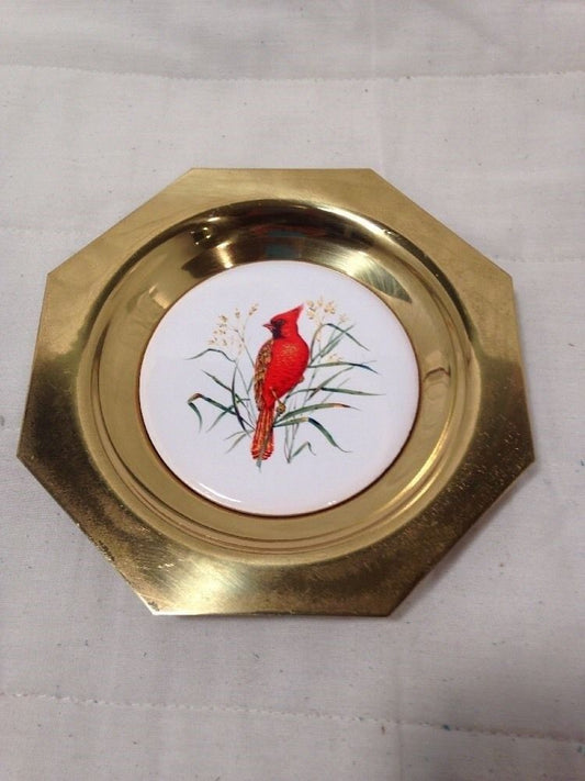 Vintage Glazed Ceramic And Solid Brass "One Red Cardinal" Coin Dish