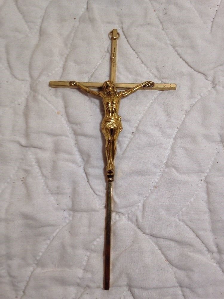 Vintage 10" Brass Wall Crucifix Jesus Catholic INRI