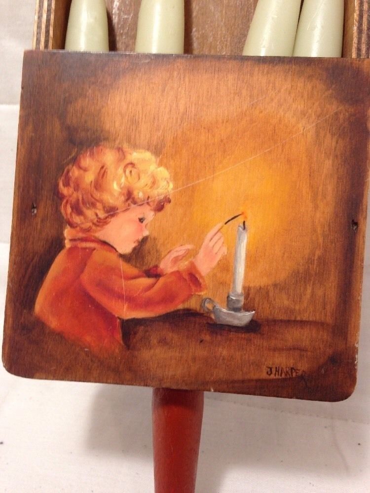 Vintage Wood Scoop Candle Holder "Light One Little Candle" Motif